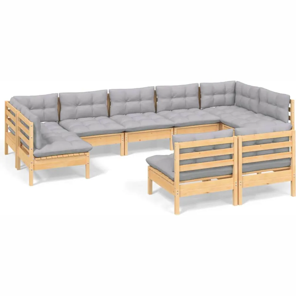 vidaXL 9-delige Loungeset met grijze kussens massief grenenhout grijs