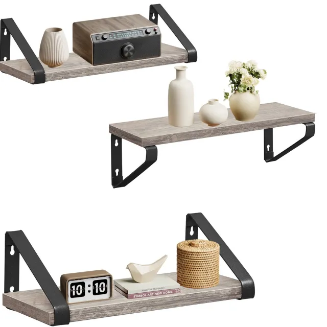Vasagle Wandplank - Set van 3 - Zwevend Rek - 2 Montageopties - Voor Woonkamer Keuken Badkamer Greige-Matzwart