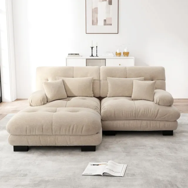 COVREO Hoekbank 220x145x81 cm licht koffie chenille met ottoman en 2 lendenkussens Licht koffiebruin