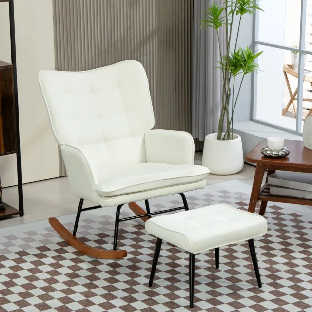 MODFU Schommelstoel Met Hocker - Gewatteerde Zitting - Creme Wit - 64 X 89 X 90 Cm Crèmewit