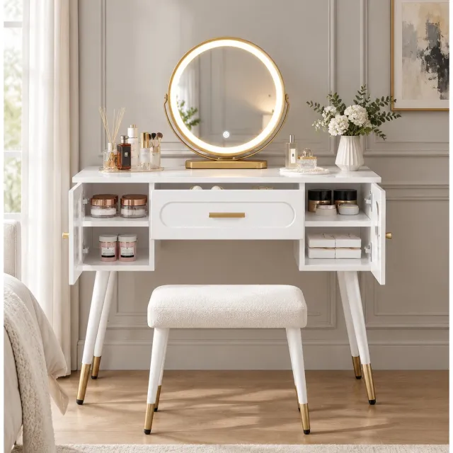 MEUNIQ LED-kaptafel met ronde verlichte spiegel, 3 lichtmodi, verstelbare helderheid, 1 lade en 2 kastdeuren, 100 x 42 x 112 cm, wit en goud