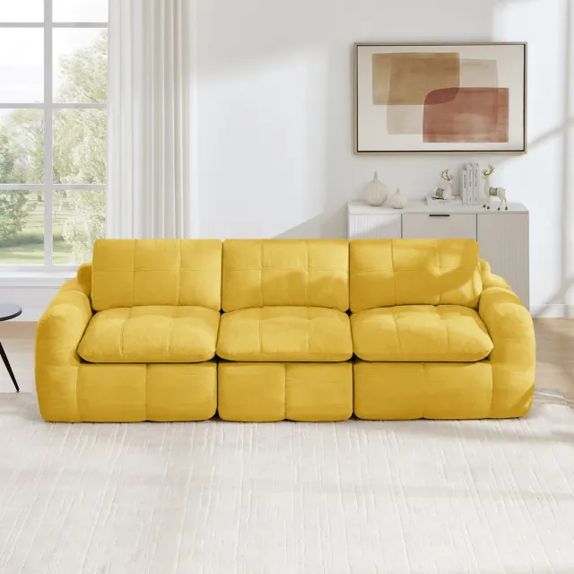 FloraGrace Zitbank 3-Zits - Frameloos Modulair Sofa Met Gruitstikpatroon - Voor Woonkamer En Lounge - Chenille - Geel