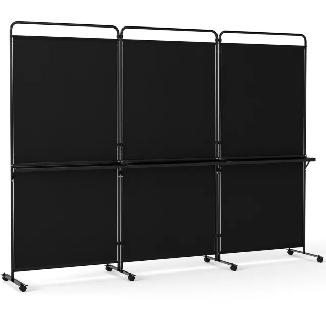 Costway Paravent ruimteverdeler op wielen, opvouwbare scheidingswand, 3-delig, met 3 planken en metalen frame, inkijkbescherming voor kantoor, woonkamer, slaapkamer en tuin, 259 x 44 x 188 cm (zwart)