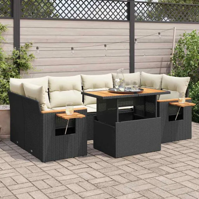 vidaXL 7-delige Loungeset met kussens poly rattan acacia zwart, foto 2
