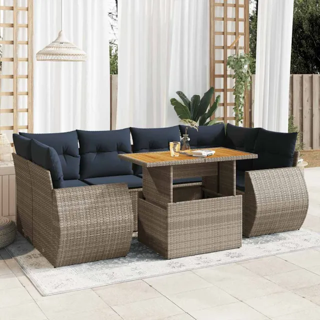 vidaXL 7-delige Loungeset met kussens poly rattan grijs, foto 2