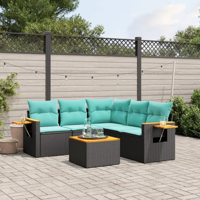 vidaXL 6-delige Loungeset met kussens poly rattan zwart, foto 2
