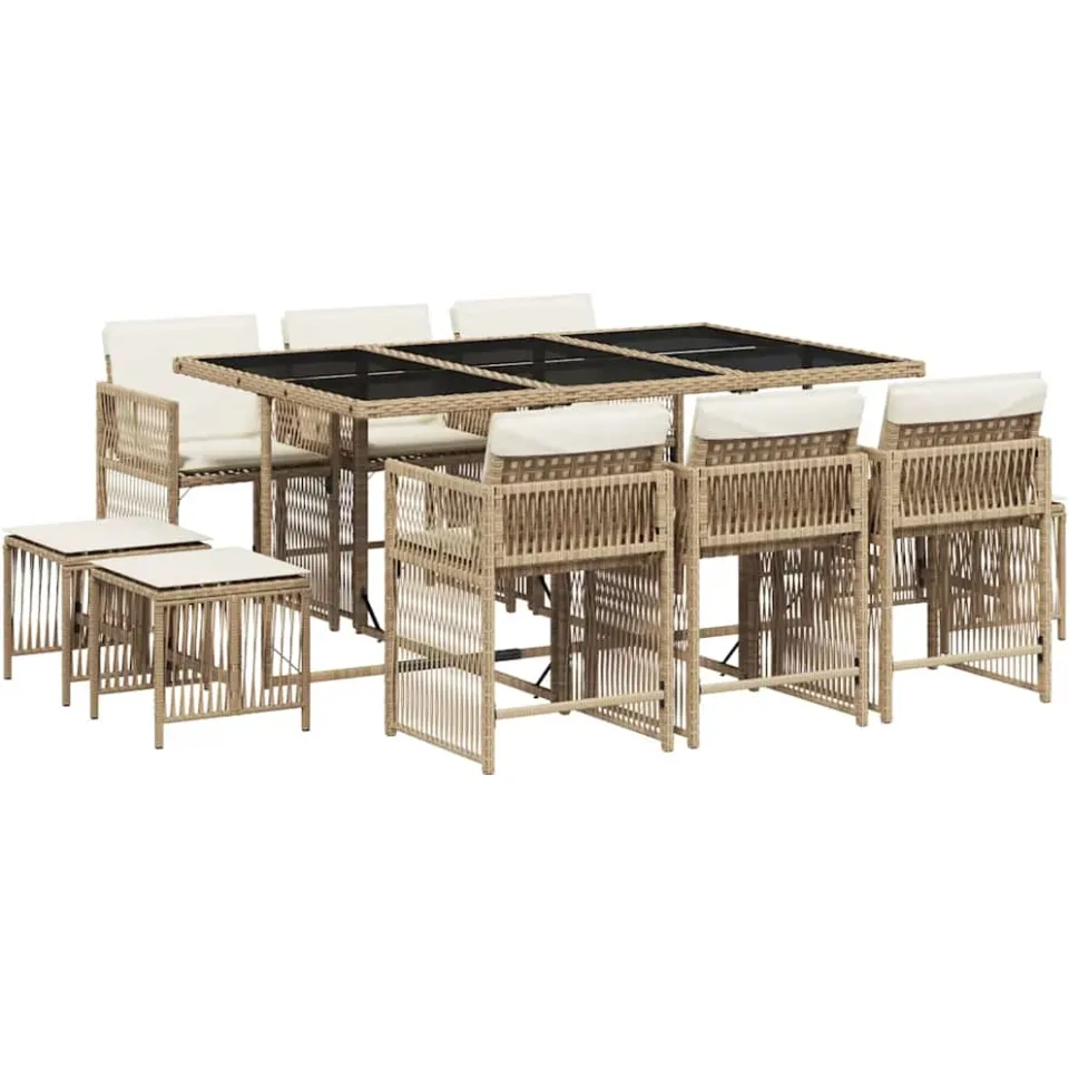 vidaXL 11-delige Tuinset met kussens poly rattan beige