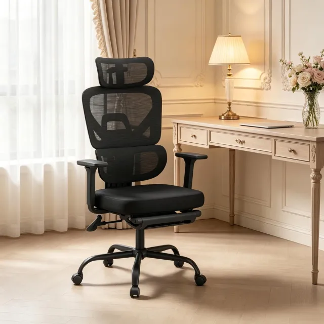 FloraGrace Bureaustoel 47-57 cm - Ergonomische Draaistoel met Hoofdsteun, Armleuningen en Voetsteun - Voor Thuiswerk en Gaming - Netstof - Zwart