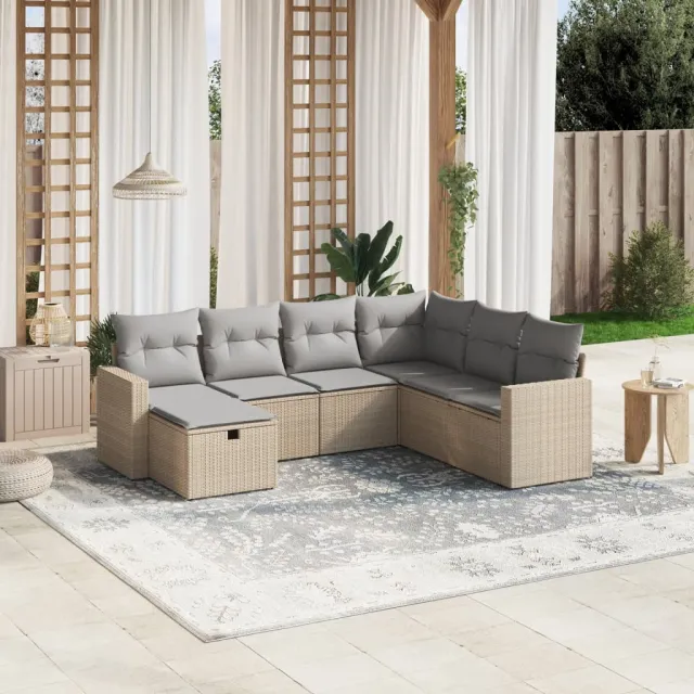 vidaXL 7-delige Loungeset met kussens poly rattan gemengd beige, foto 2