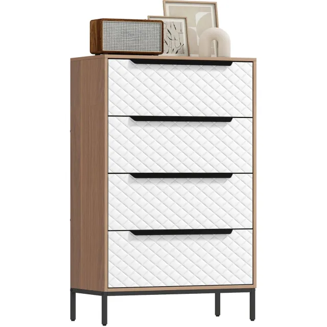 sogiol Social® Ladekast met 4 Stoffen Lade - Commode met Diamantpatroon - Opbergkast voor Slaapkamer - Woonkamer en Kantoor - Wit en Houtlook - 59,5x30x73,5 cm