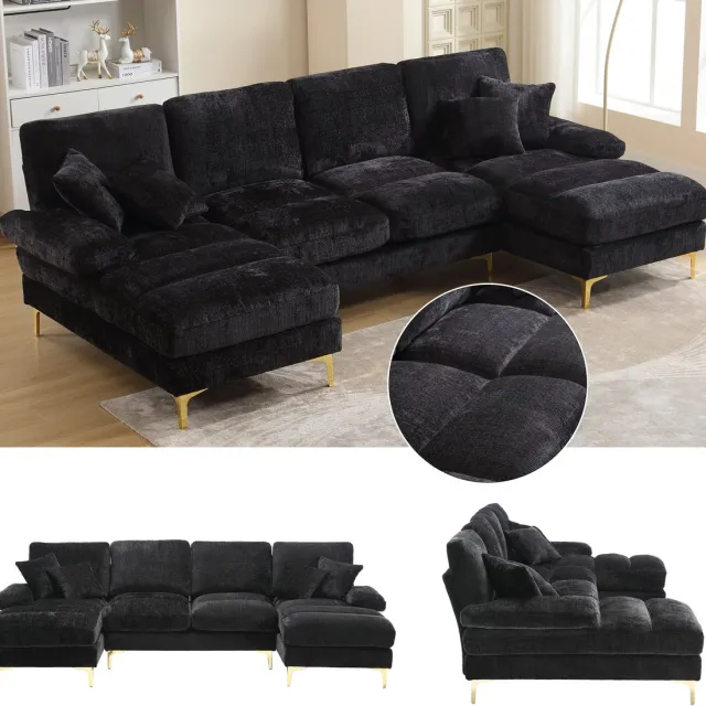 Clruro Hoekbank - U-vorm - Chenille met Dubbele Ligplaats - Modern Design - Chenille - Zwart