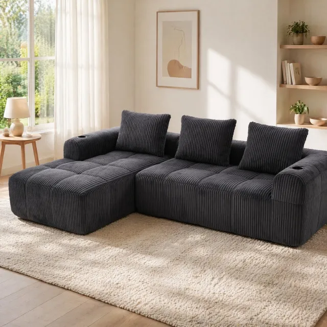 COVREO Hoekbank 253x158x61 cm – donkergrijs corduroy, modulair, met zijvakken en bekerhouders