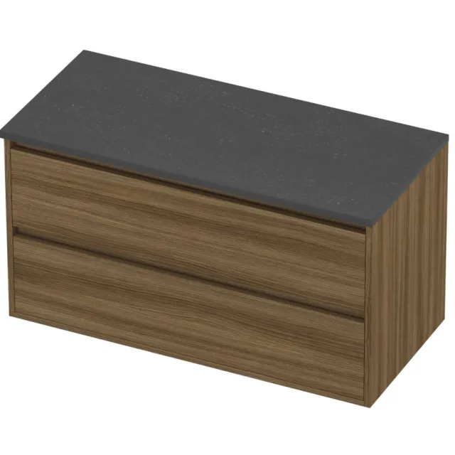 Proline Deck Badmeubelset Hardsteen Greeploos Symmetrisch 100x46x54 cm Blue Stone Caramel Walnut Houtlook