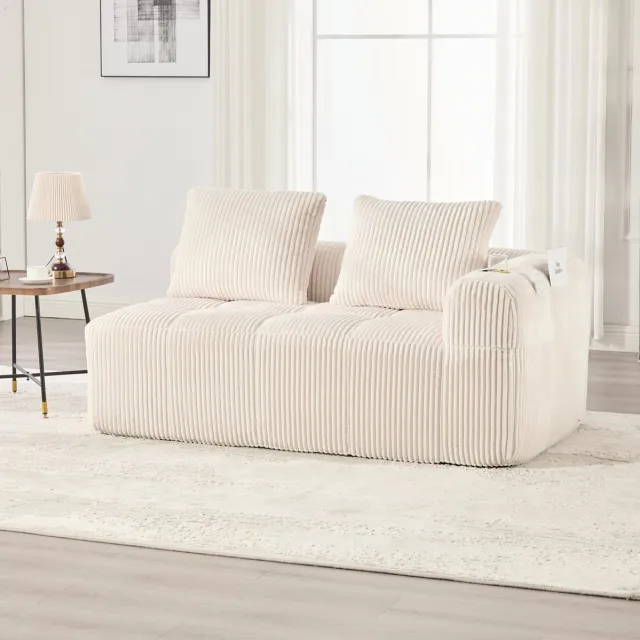 COVREO 2-zits bank 158x93x61 cm beige corduroy met opbergvakken en bekerhouders