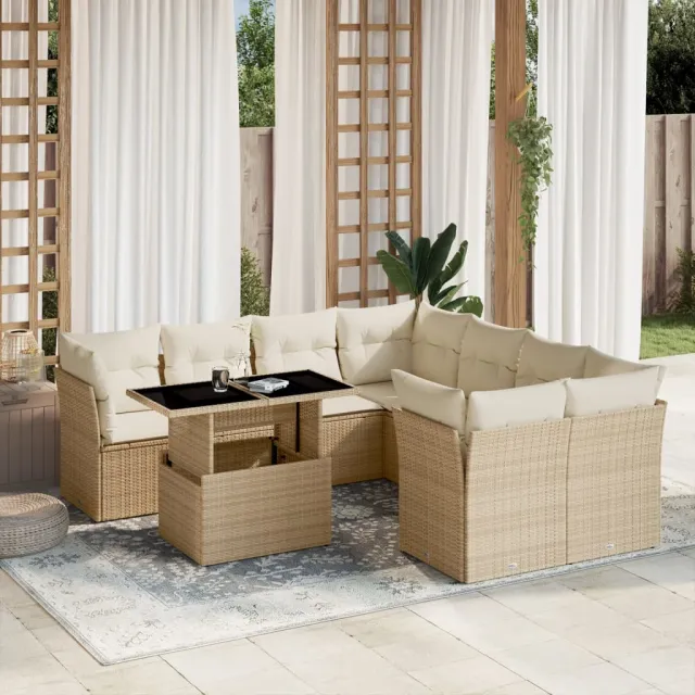 vidaXL 9-delige Loungeset met kussens poly rattan beige, foto 2