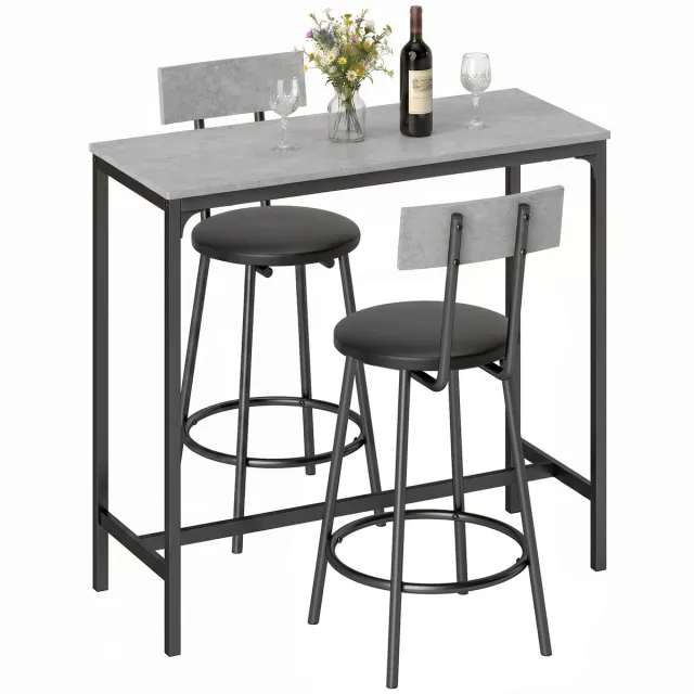 sogiol Bartafel met 2 Barkrukken - oonbanktafel krukken met voetensteun voor eetkamer - kleine ruimte - grijs