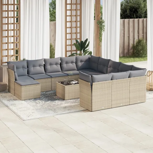 vidaXL 13-delige Loungeset met kussens poly rattan beige, foto 2
