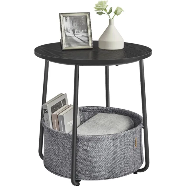 MAZAZU Bijzettafel rond met stoffen mand - Nachtkastje - Industrieel - Zwart - 45x45x50 cm