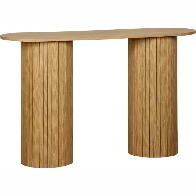 sweeek Ovale scandinavische sidetable met een groef hout effect, ronde poten, l 120 x b 35 x h 75cm Naturel