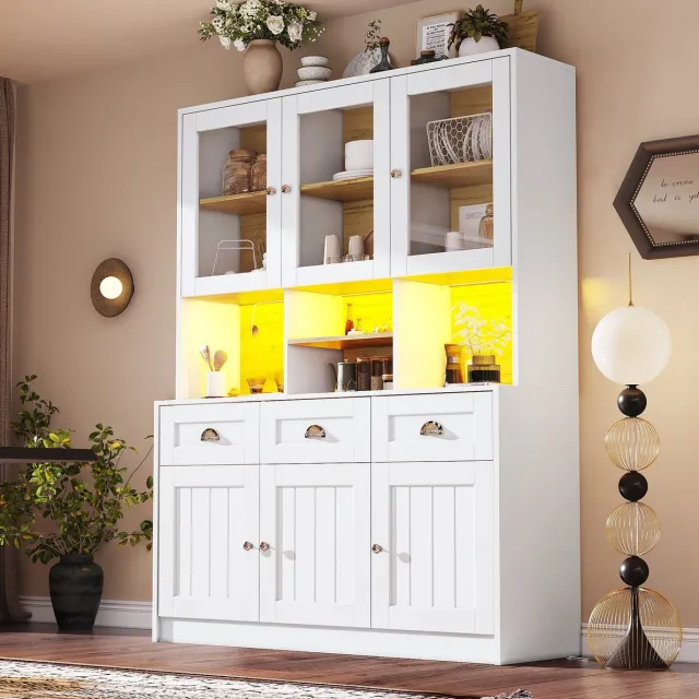 WUVRIE Keukenkast 140x40x175 cm - LED-verlichting en verstelbare planken - Wit