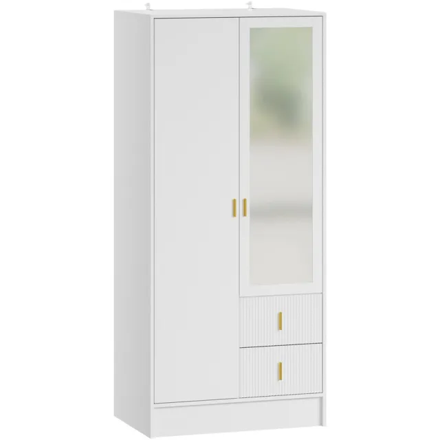 SoBuy Kledingkast met spiegel - Kledingkasten slaapkamer met 2 deuren en 2 geribbelde lades - Kledingkast organizer met goudkleurige handgrepen - Witte MDF kledingkast | KSB11-W