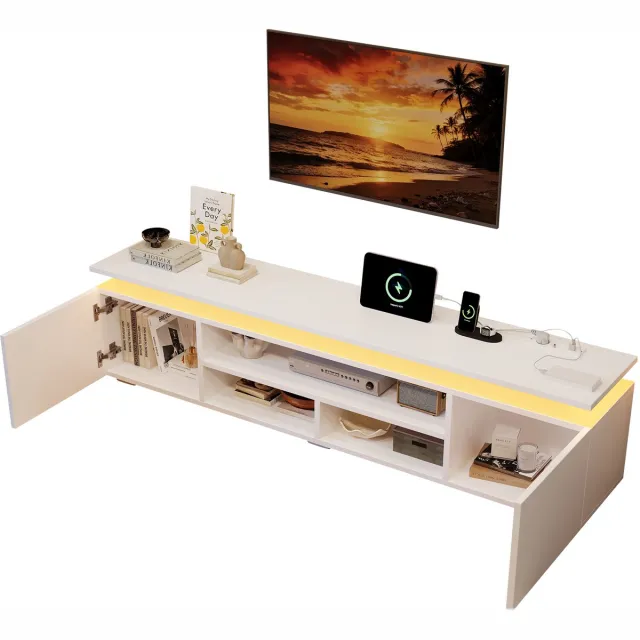 MUVANO Tv Meubel 180 cm Wit - Tv Kast Met Led Verlichting - Televisiemeubel - Tv Dressoir Met Opbergruimte - 180x35x42cm - App Bediening - Woonkamer Wit