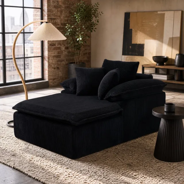 DESMIU Chaise Longue 177 x 122 x 92 Cm - Zonder Montage Met Brede Armleuningen - Voor Woonkamer En Leeshoek - Ribstof - Zwart