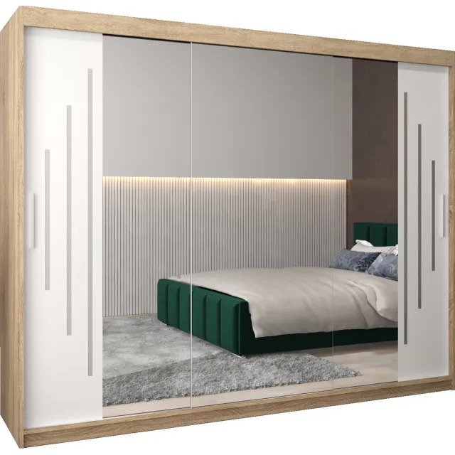 InspireME Kledingkast met 3 schuifdeuren, Modern-stijl, Een kledingkast met planken en een spiegel (BxHxD): 250x200x62 - MALTESE II 250 Sonoma Eik + Wit Mat