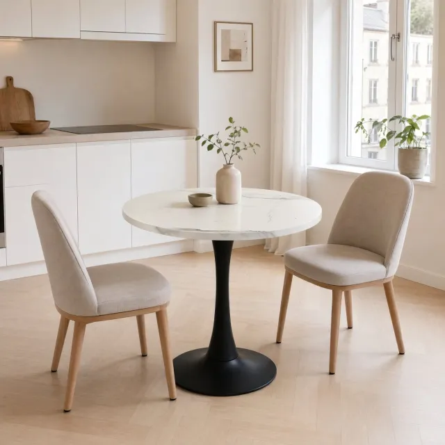 STILVORA Ronde Eettafel - Compact Voor 2 Tot 4 Personen - Keuken En Thuiswerkplek - MDF En Metaal - 80 Cm - Wit;Zwart Grijs Houteffect
