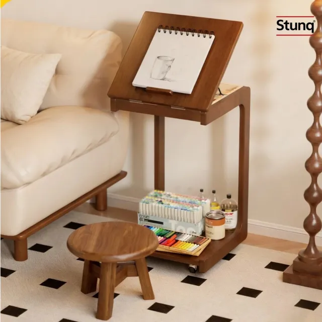 Stunq Mobiele bijzettafel massief rubberhout 60 cm, kantelbaar blad, nachtkastje Bruin