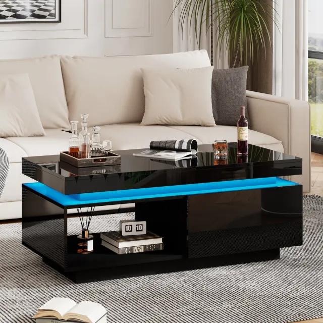 KOMHTOM BLACKCOLORS Moderne hoogglans salontafel met ledverlichting, 100x50x40,3 cm – Elegante tafel met lade en een draagvermogen van 50 kg Zwart