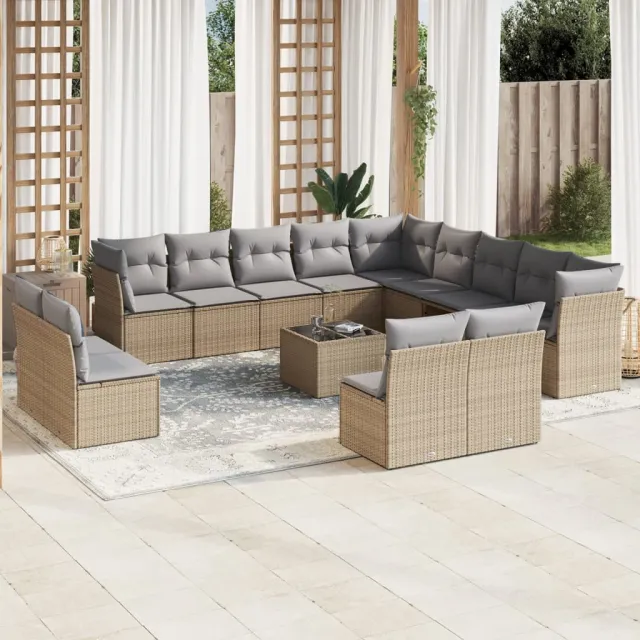 vidaXL 14-delige Loungeset met kussens poly rattan beige, foto 2