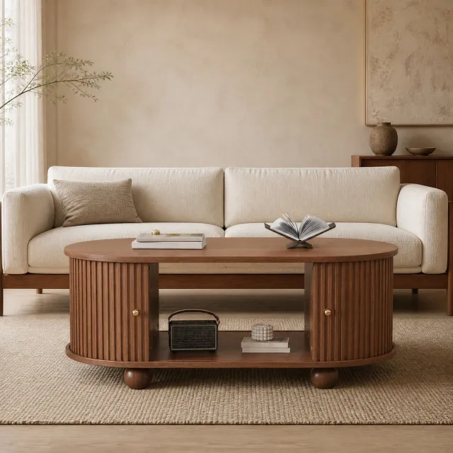 MEUNIQ Ovale salontafel 100 x 50 x 40 cm met schuifdeuren, verdeeld opbergvak en bolvormige poten voor woonkamer, walnootkleur