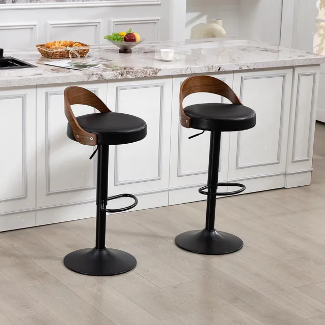 KOMHTOM BLACKCOLORS 360° draaibare barkruk met rugleuning van zwart notenhout en zitkussen van PU, in hoogte verstelbaar. Geschikt voor keukens, eetkamers, bars en andere soortgelijke omgevingen