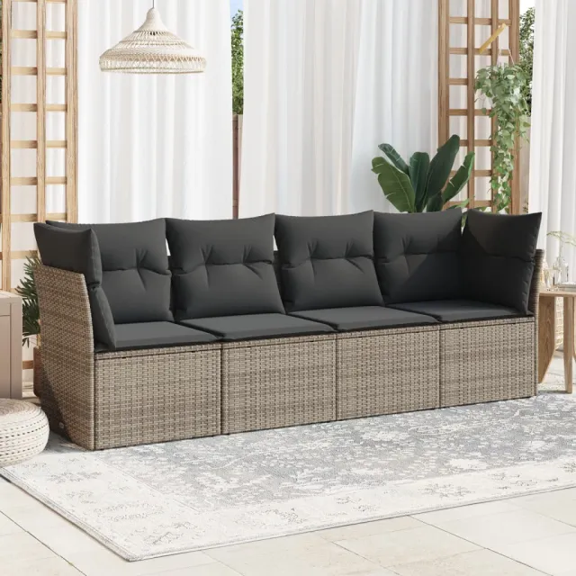 vidaXL 4-delige Loungeset met kussens poly rattan grijs, foto 2