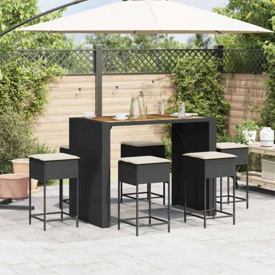 vidaXL 7-delige Tuinbarset met kussens poly rattan zwart, foto 2