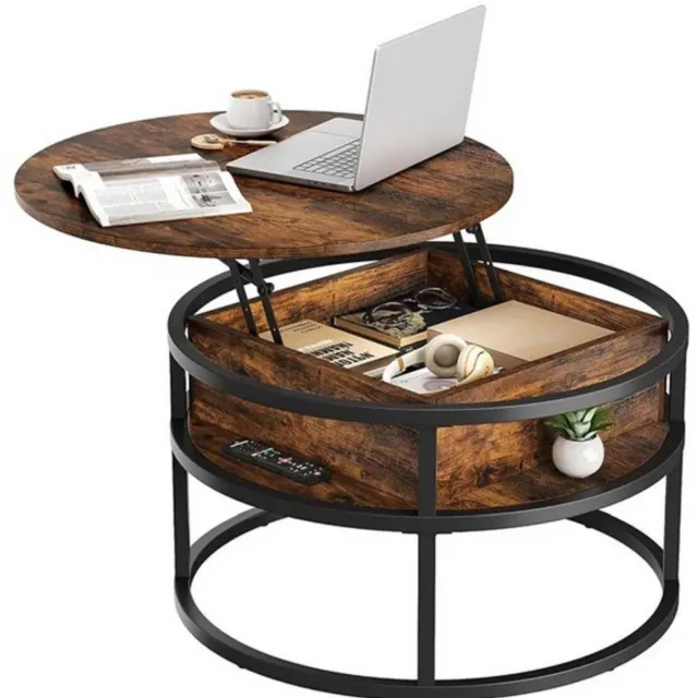 Niamora Salontafel rond - Salontafel - Bijzettafel - Koffietafel - Opklapbaar blad - Verborgen opbergvak - Bruin - Modern.