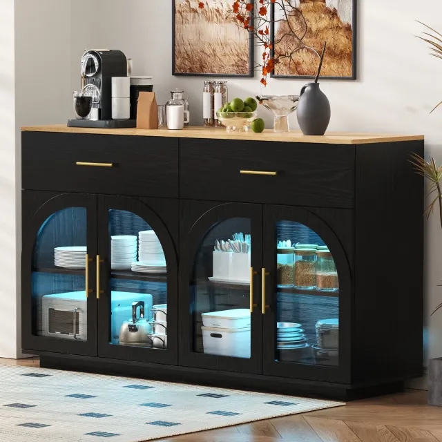 MIVRAY Keukenkast - LED Verlichting Met Werkblad - 2 Lades En 4 Deuren Voor Keuken En Eetkamer - MDF En Spaanplaat - 147x40x86 Cm - Zwart