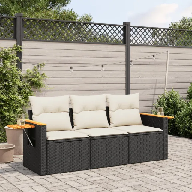 vidaXL 3-delige Loungeset met kussens poly rattan zwart, foto 2