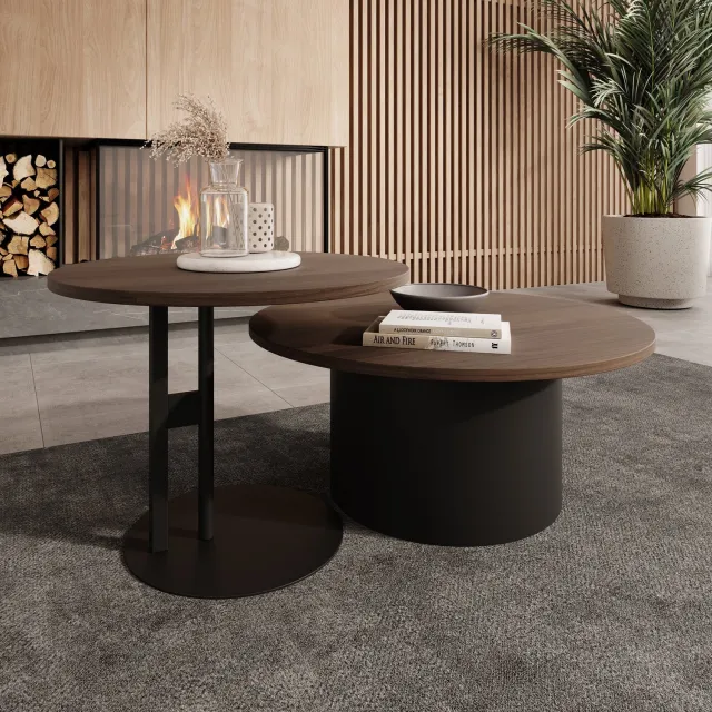 MEUBELLA Mastro - Salontafel set van 2 - Donker eiken - 58-75 cm Bruin|Zwart