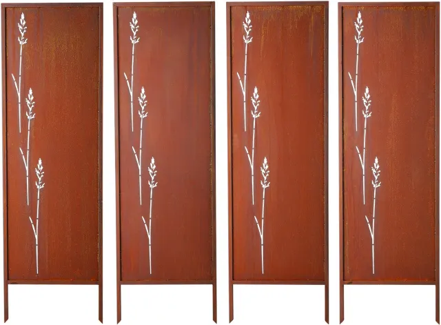 Vevor Opklapbaar Scherm 50x160 Cm, 4-Delige Set, Kamerscherm, Afscheiding Met Grondpinnen en Koolstofstalen Paneel, Privacyscherm, Decoratieve Privacywand voor Tuin, Terras, Erf, Balkon Roestkleur