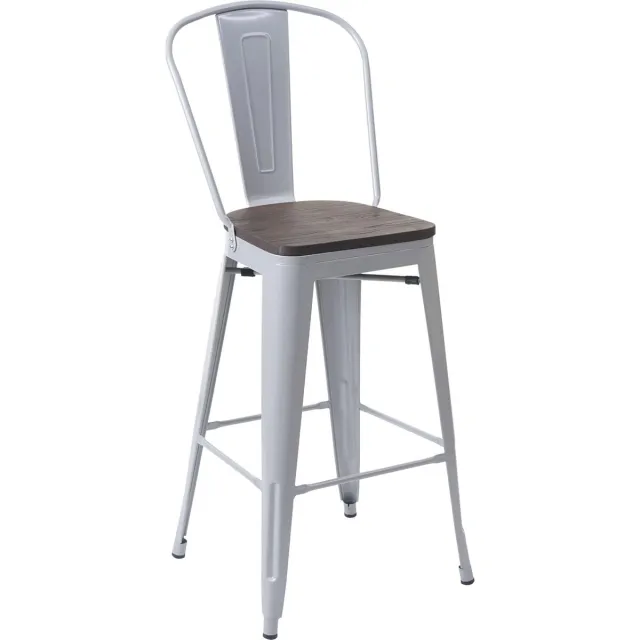 MCW Barkruk MCW-A73 incl. houten zitting, barkruk met rugleuning, metalen industrieel ontwerp ~ grijs