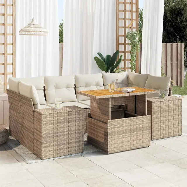 vidaXL 7-delige Loungeset met kussens poly rattan beige, foto 2