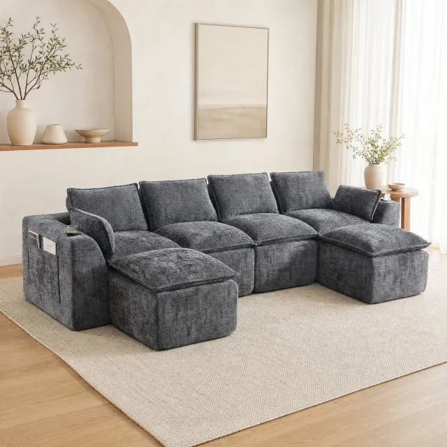 MODENUIT Hoekbank 322 x 161 cm - Modulair Met Voetenbanken En Zijvakken - Woonkamer En Kantoor - Chenille Donkergrijs