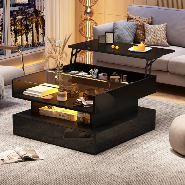 DESMIU Salontafel - Opklapbaar Met Verborgen Opbergruimte En Ledverlichting - Voor Woonkamer En Werkhoek - Spaanplaat En Glas - Zwart - 80x80x45 Cm