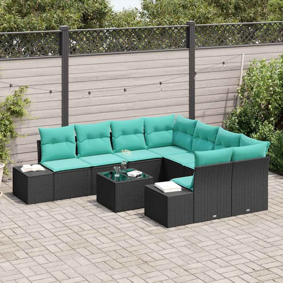 vidaXL Tuin Sofa Set 9 st Zwart en Turquoise poly rattan