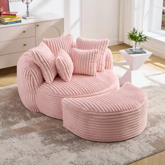 MODENUIT Fauteuil 168 x 123 x 63 cm - Met Hocker En 5 Kussens - Voor Woonkamer En Slaapkamer - Chenille Roze