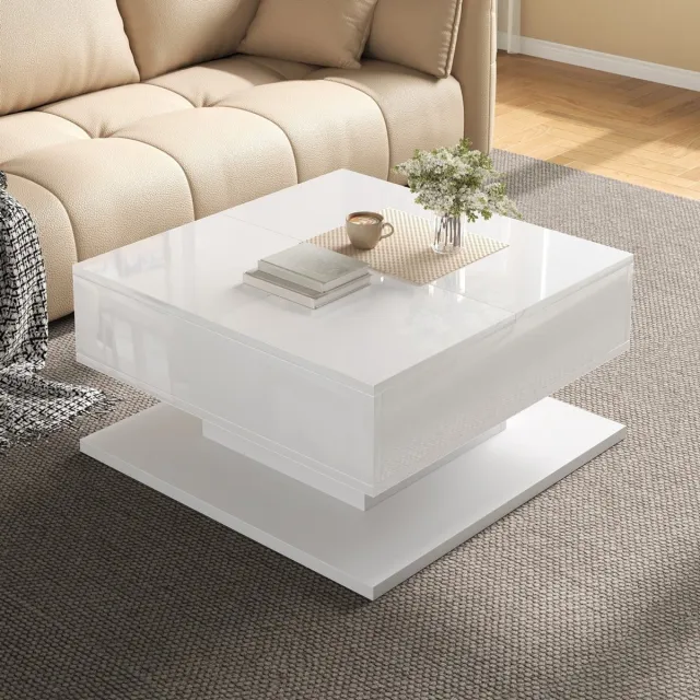 KOMHTOM Salontafel, woonkamertafel, hefblad, klapblad, lades, APP LED-verlichting, hoogglans, woonkamer Wit