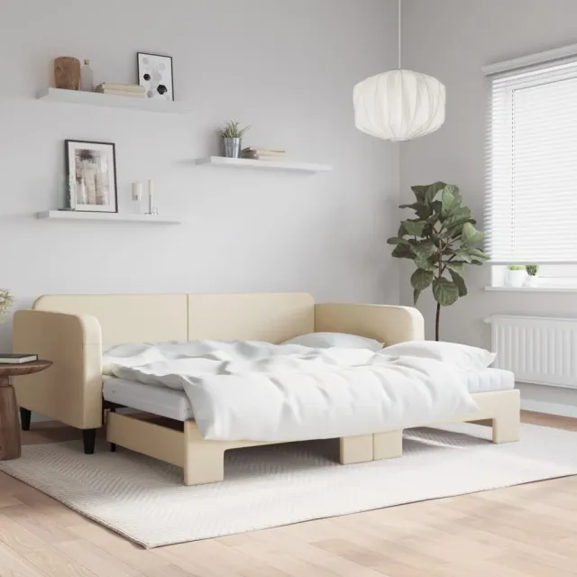 vidaXL Slaapbank met onderschuifbed en matrassen 100x200 cm stof crème
