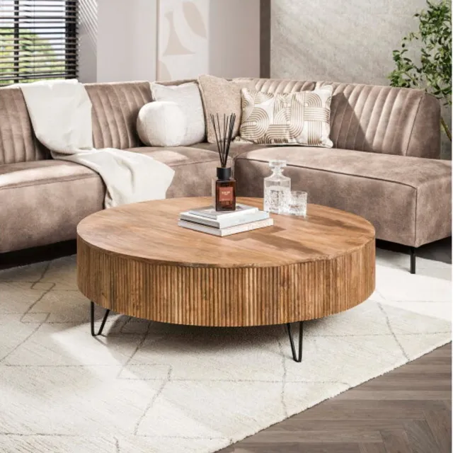 Meubelplaats Salontafel Wave rond mangohout Ø120 cm - zandkleur massief mango zandkleur